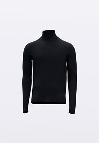 Čierny rolákový sveter s dlhými rukávmi, vyrobený z hladkého, elastického materiálu. Priliehavý strih s minimom švov, poskytujúci elegantný vzhľad.