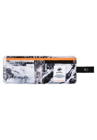 Wallet with a mountain pattern in black and white, featuring an orange zipper, interior card slots, and a tag with branding.