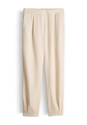 Beige, straight-leg trousers with an elastic waistband and subtle front pleats, displayed against a white background.