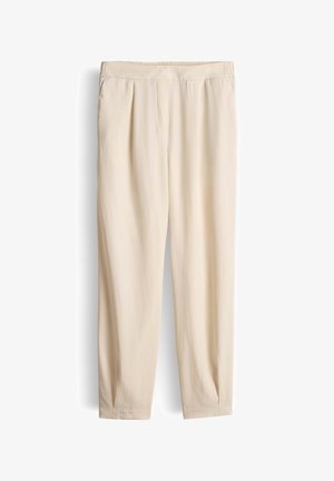 Beige, straight-leg trousers with an elastic waistband and subtle front pleats, displayed against a white background.