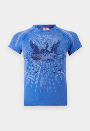 T-shirt blu Diesel a maniche corte con una grafica di un uccello blu scuro e raggi bianchi a pois che si estendono dal centro sul fronte.