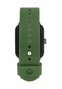 Cinturino per smartwatch in silicone verde con fori regolabili, quadrante rettangolare nero e pulsante laterale. Texture liscia, design resistente.