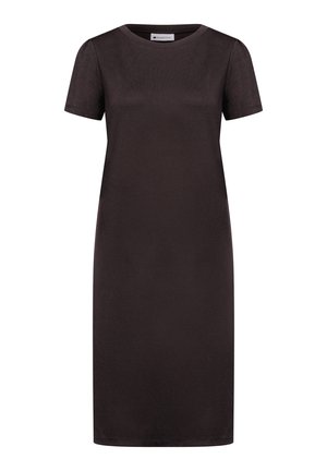 Vestito nero corto a maniche corte fino al ginocchio con scollo rotondo e silhouette dritta, design semplice, senza motivi o decorazioni.