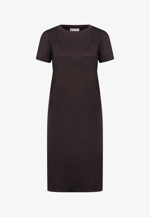 Černé šaty s krátkým rukávem, délka ke kolenům, kulatý výstřih a rovný střih, jednoduchý design bez vzorů nebo ozdob.