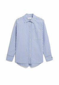 Blauw-wit gestreept shirt met lange mouwen, knoopsluiting aan de voorkant, kraag en een borstzak; gemaakt van lichtgewicht stof.