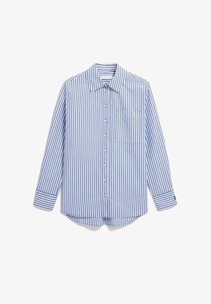 Blau-weiß gestreiftes Langarmhemd mit durchgehender Knopfleiste, Kragen und einer Brusttasche; aus leichtem Stoff gefertigt.