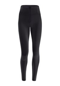 Leggings neri a vita alta realizzati in materiale elasticizzato, con chiusura zip frontale e una texture liscia e elegante.