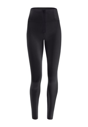 Mustat, korkea vyötäröiset leggingsit joustavasta materiaalista, joissa on vetoketjusulku edessä ja sileä, kiiltävä pinta.