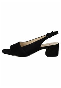 Scarpa slingback in suede nera con design aperto davanti, tacco largo e dettaglio a fibbia rotonda sulla fascia alla caviglia. Texture liscia in tutto.