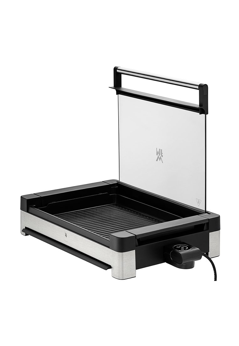 Elektrischer Grill mit einem Edelstahlboden, schwarzen Akzenten, einem Glasdeckel und einer geriffelten Kochfläche. Temperaturregelung an der Seite.