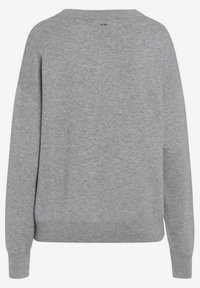 Grauer Hoodie, weiche Textur, lange Ärmel, runder Ausschnitt, lockere Passform, gerippte Bündchen und Saum, mit einem kleinen Logodetail auf der Rückseite.