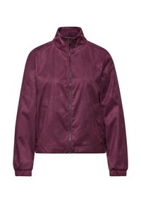Vínová zipová bunda s vysokým límcem, hladkou strukturou, bočními kapsami a elastickými manžetami, s elegantním a minimalistickým designem.
