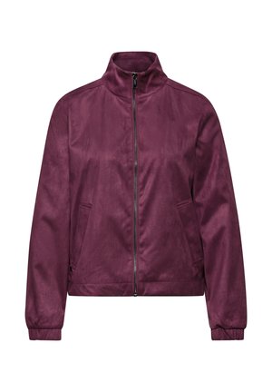 Veste zippée bourgogne, dotée d'un col haut, d'une texture lisse, de poches latérales et de poignets élastiques, avec un design épuré et minimaliste.