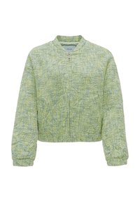 Veste zippée vert clair texturée avec manches longues et petit col, présentant un motif subtil et des poignets élastiques.