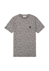 Camiseta de manga corta gris con un patrón de hojas, que presenta un pequeño logotipo en navy en el pecho y un escote redondo. Tejido de algodón suave.