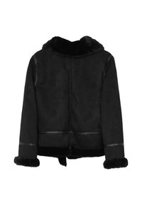 Giacca shearling nera con colletto di pelliccia nera, cuciture laterali e rifiniture in pelle. Presenta una texture morbida e una chiusura con legatura frontale in vita.