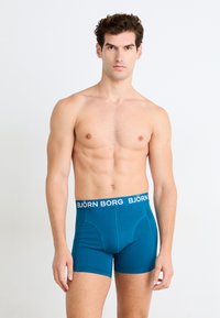 Τεφαρί μπύροι σε τιρκουάζ χρώμα με λευκή ελαστική ζώνη με λογότυπο. Κατασκευασμένα από βαμβάκι με λεία υφή και εφαρμοστή σχεδίαση. Τυπικό μήκος, χωρίς σχέδια.