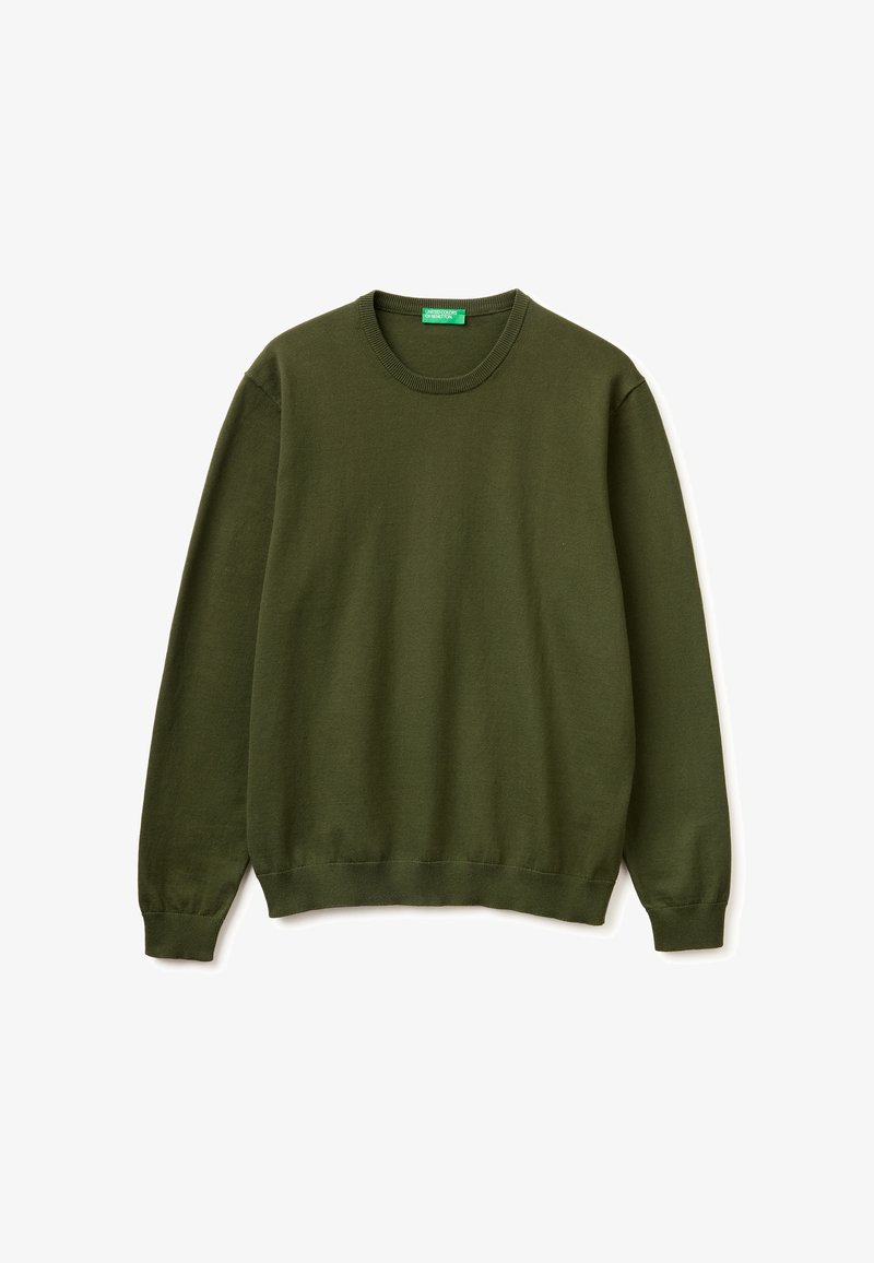 Pull vert olive à manches longues avec col rond, poignets et ourlet côtelés, étalé à plat sur un fond blanc.