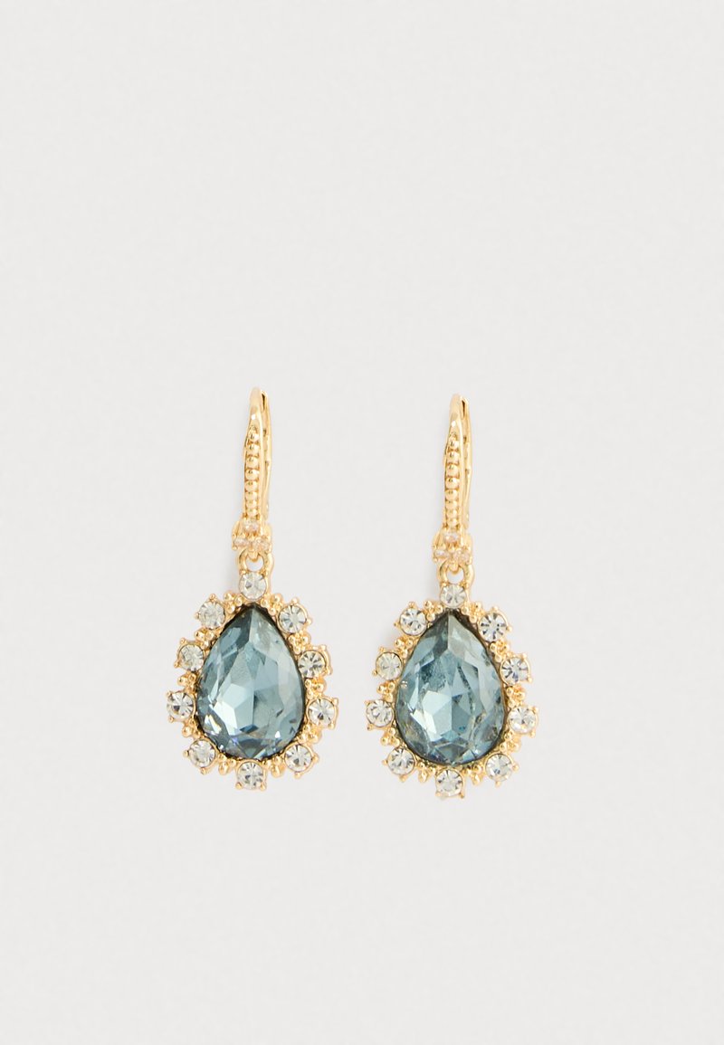Gold drop earrings with teardrop-shaped blue gemstones surrounded by small clear crystals on a white background.