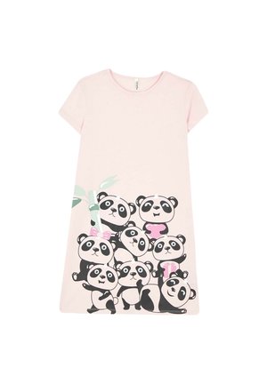 Vestido de algodón rosa claro con un gráfico divertido de un panda en varias posturas. Mangas cortas y una forma holgada en línea A para mayor comodidad.