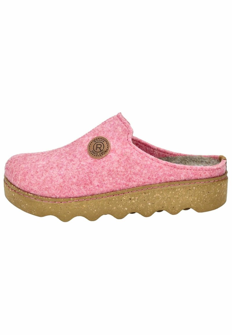 Färgglada rosa träskor i filt med rund tå, korkliknande sula och texturerad ovandel. Har en rund logotyp som accent på utsidan.