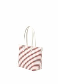 Borsa tote bianca con strisce orizzontali rosse, dotata di due manici bianchi e chiusura a zip superiore. Design semplice con una texture liscia.