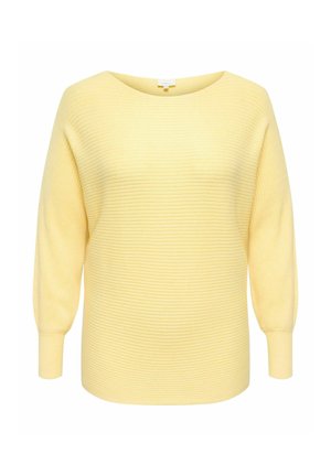 Svetlo rumen pulover iz rebrastega trikotnika z dolgimi ohlapnimi rokavi in okroglim izrezom, prikazan na belem ozadju.