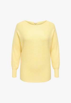 Svijetlo žuti rebrasti pleteni džemper s dugim balon rukavima i okruglim izrezom, prikazan na jednostavnoj bijeloj pozadini.