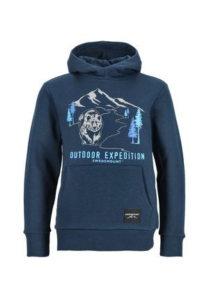 Mørkeblå hættetrøje med grafik af bjerg, træer og bjørn, tekst "Outdoor Expedition Swedemount" samt frontlomme.