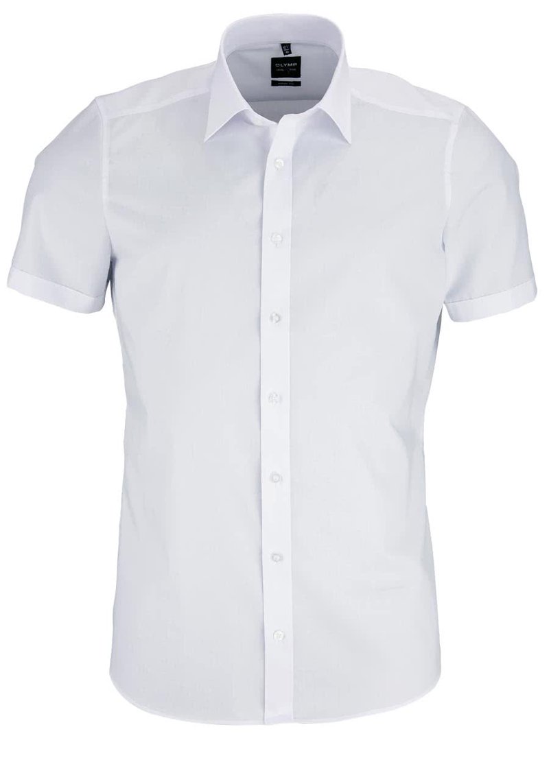 Kurzärmliges weißes Hemd aus gewebtem Stoff, mit durchgehender Knopfleiste, klassischem Kragen und hochgekrempelten Ärmeln. Glatte Textur ohne Muster.