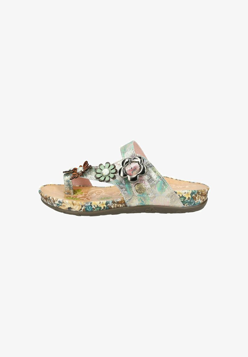 Sandale confortable à bout ouvert avec décorations florales, lanières métalliques pastel et semelle rembourrée à motif, conçue pour un usage décontracté.
