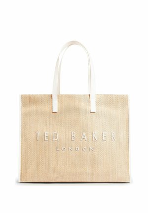 Borsa tote beige in tessuto intrecciato con manici bianchi, con "TED BAKER LONDON" impresso a rilievo al centro frontale.