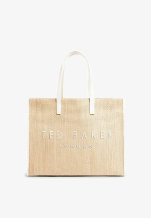 Bolso tote tejido beige con asas blancas, con "TED BAKER LONDON" en relieve en el centro delantero.