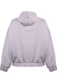 Helles lila gekürztes Kapuzenshirt mit Kapuze, überschnittenen Schultern und gerippten Bündchen. Weicher Stoff mit glatter Textur und minimaler Verzierung.
