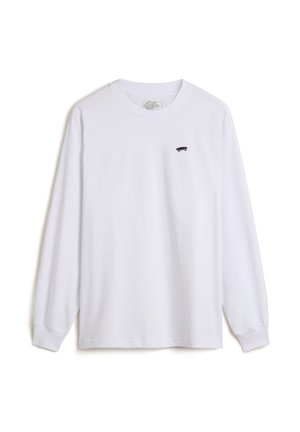 Camiseta de manga larga blanca hecha de algodón, con un pequeño gráfico de patineta negra en el lado izquierdo del pecho y puños acanalados.