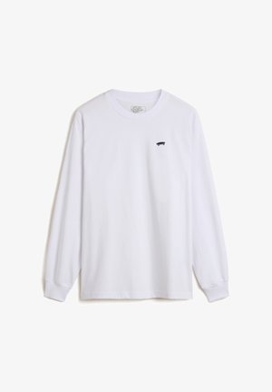 T-shirt à manches longues blanc en coton, arborant un petit graphique noir de skateboard sur la poitrine gauche et des poignets côtelés.