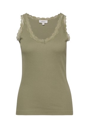 Ärmelloses olivgrünes, geripptes Tanktop mit Spitzenbesatz an Rundhalsausschnitt und Armlöchern, Größe 36, Marke s.Oliver.
