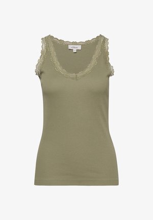 Mouwloze, olijfgroene, geribbelde tanktop met kanten afwerking rond de ronde hals en armgaten, maat 36, merk s.Oliver.