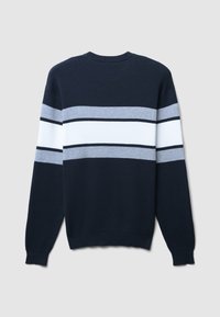 Marineblauer Pullover mit horizontalen Streifen in Hellgrau, Dunkelgrau und Weiß. Hergestellt aus Strickstoff mit Rundhalsausschnitt und langen Ärmeln.