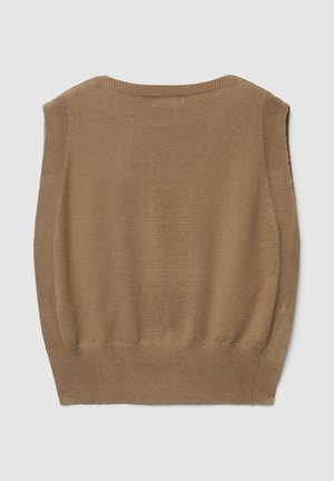 Brauner ärmelloser Pullover mit rundem Ausschnitt und geripptem Saum. Gefertigt aus einem weichen, strukturierten Strickstoff. Einfaches, minimalistisches Design.