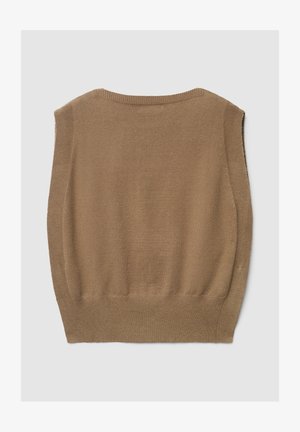 Maglione marrone senza maniche con scollo tondo e orlo a coste. Realizzato in tessuto lavorato a maglia morbido e strutturato. Design semplice e minimalista.