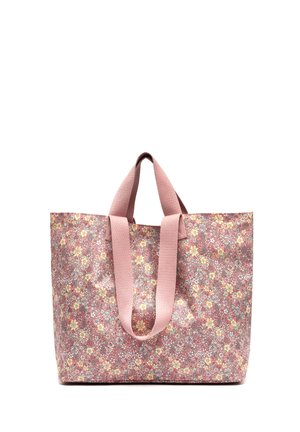Sac fourre-tout floral rose avec des anses larges en tissu, forme rectangulaire, et un petit motif floral dense en jaune et blanc.