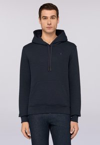 Marinblå hoodie i bomullsblandning, med en framficka, dragsko i huvan och broderad logotyp. Mjuk textur och ribbade ärmslut.