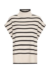 Creme gestreifter Pullover mit hohem Kragen. Bietet eine lockere Passform, kurze Ärmel und horizontale schwarze Streifen, aus einem weichen Strickmaterial gefertigt.