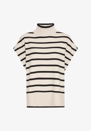 Kreemiriba triibuline sviiter kõrge kaelusega. Omab laia lõiget, lühikesi varrukaid ja horisontaalseid musti riba, valmistatud pehmest kudumismaterjalist.