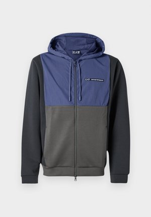 Hooded zip-up sweatshirt featuring a navy chest panel and dark grey body. Made from a smooth fabric with ribbed cuffs and hem. Logo on chest.