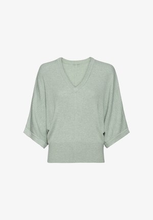 Helles grünes V-Ausschnitt-Pullover mit weiten Ärmeln, geripptem Muster, cropped Design und glatter Oberfläche.