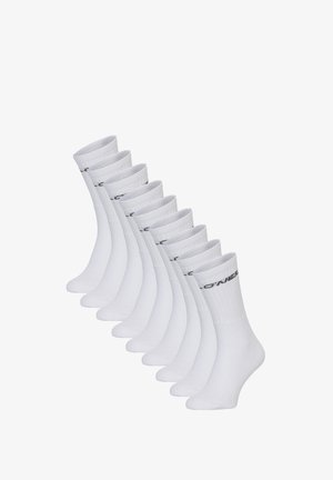 Pack de dix paires de chaussettes blanches avec des bords côtelés et un logo noir. Tissu doux et extensible avec une texture lisse et un design de longueur midi.