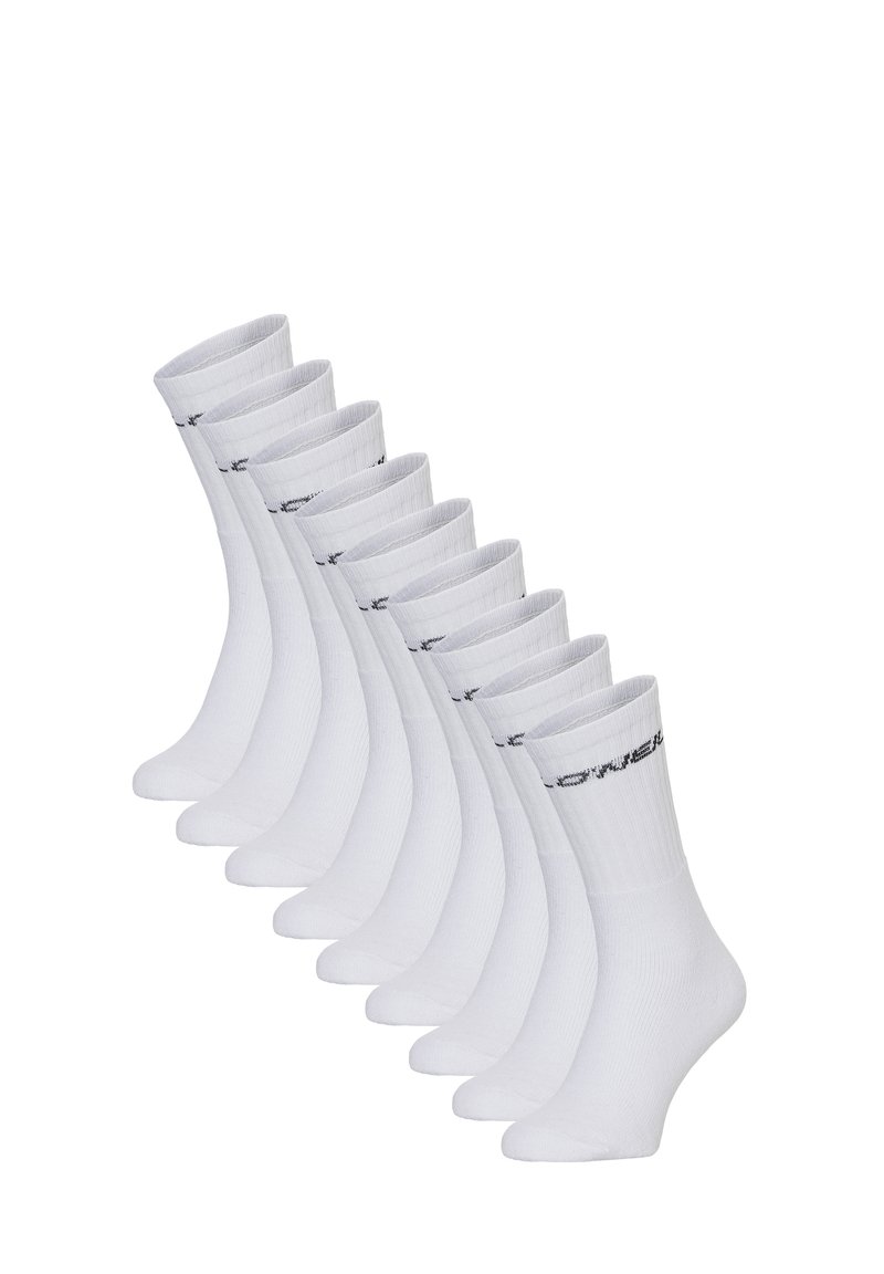 Pack van tien paar witte sokken met ribbelboorden en een zwart logo. Zachte, rekbare stof met een gladde textuur en een design tot de kuit.