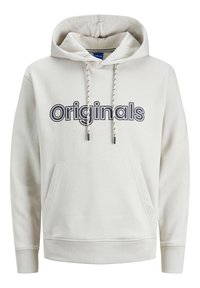 Sudadera de color beige claro con un bolsillo frontal, capucha ajustable con cordón y un gran logo "Originals" en azul oscuro. Tejido suave con puños y dobladillo de canalé.